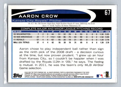 Aaron Crow baseball card from 2012 Topps #67b featuring the Kansas City Royals