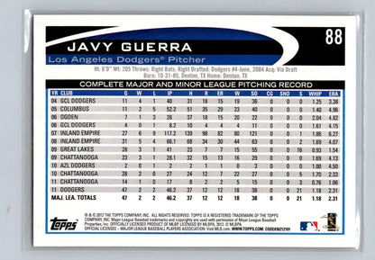 Back of 2012 Topps #88a Javy Guerra Los Angeles Dodgers baseball card