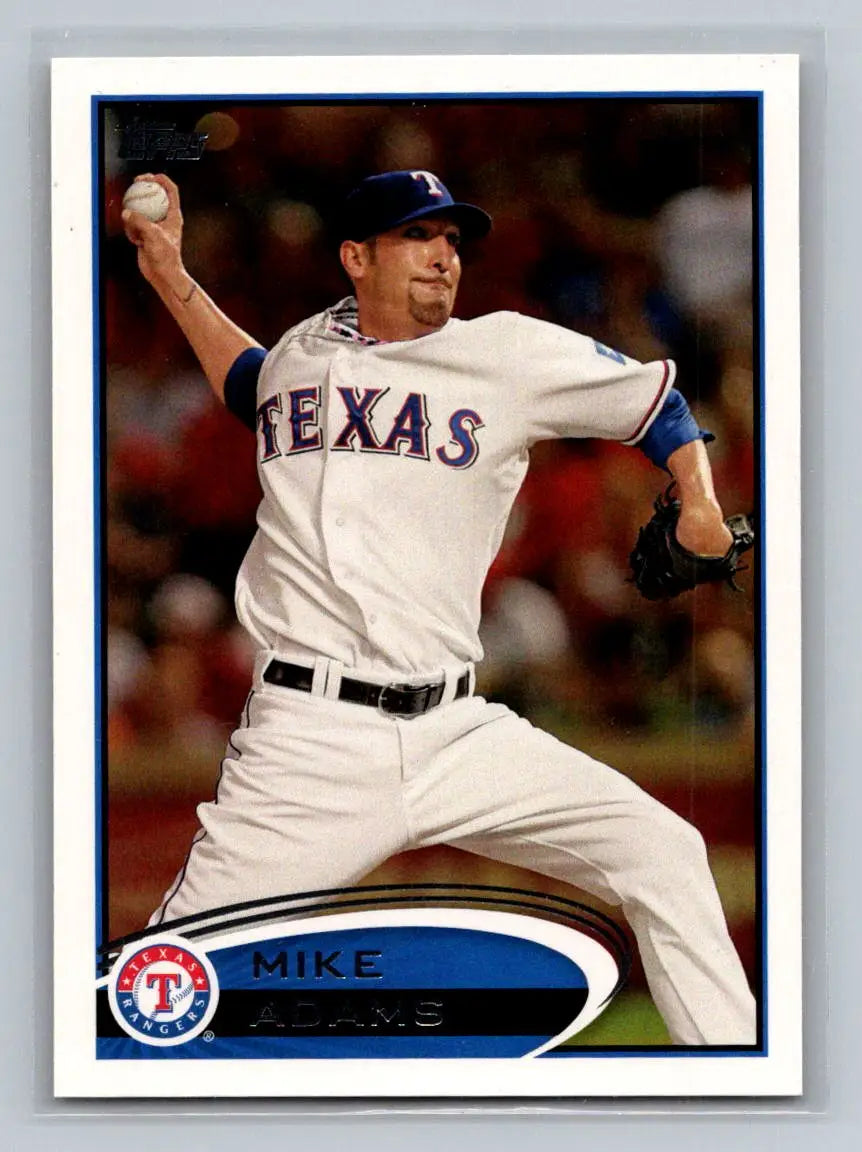 2012 Topps #8b Mike Adams Texas Rangers trading card featuring player stats and image