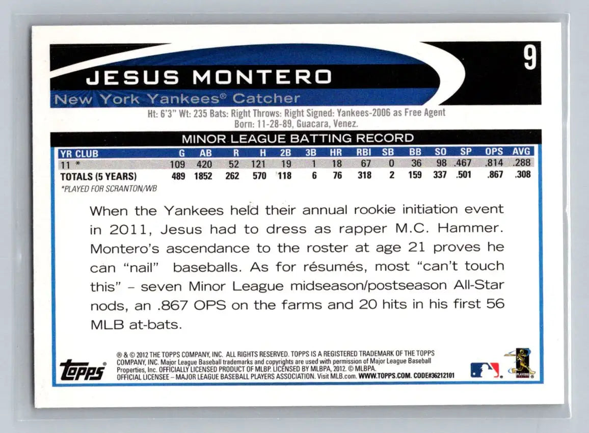 Back of 2012 Topps #9 Jesus Montero New York Yankees Rookie trading card