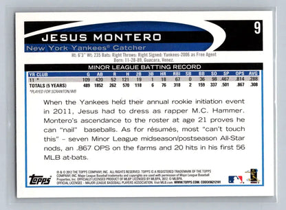 Back of 2012 Topps #9 Jesus Montero New York Yankees Rookie trading card