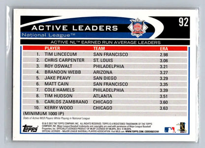Baseball card back of 2012 Topps #92 featuring Tim Lincecum, Chris Carpenter, Roy Oswalt