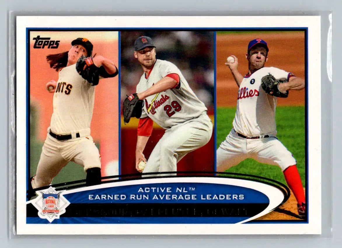 Baseball card featuring Tim Lincecum, Chris Carpenter, and Roy Oswalt from 2012 Topps