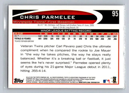 2012 Topps 95a Chris Parmelee baseball card featuring the Minnesota Twins rookie