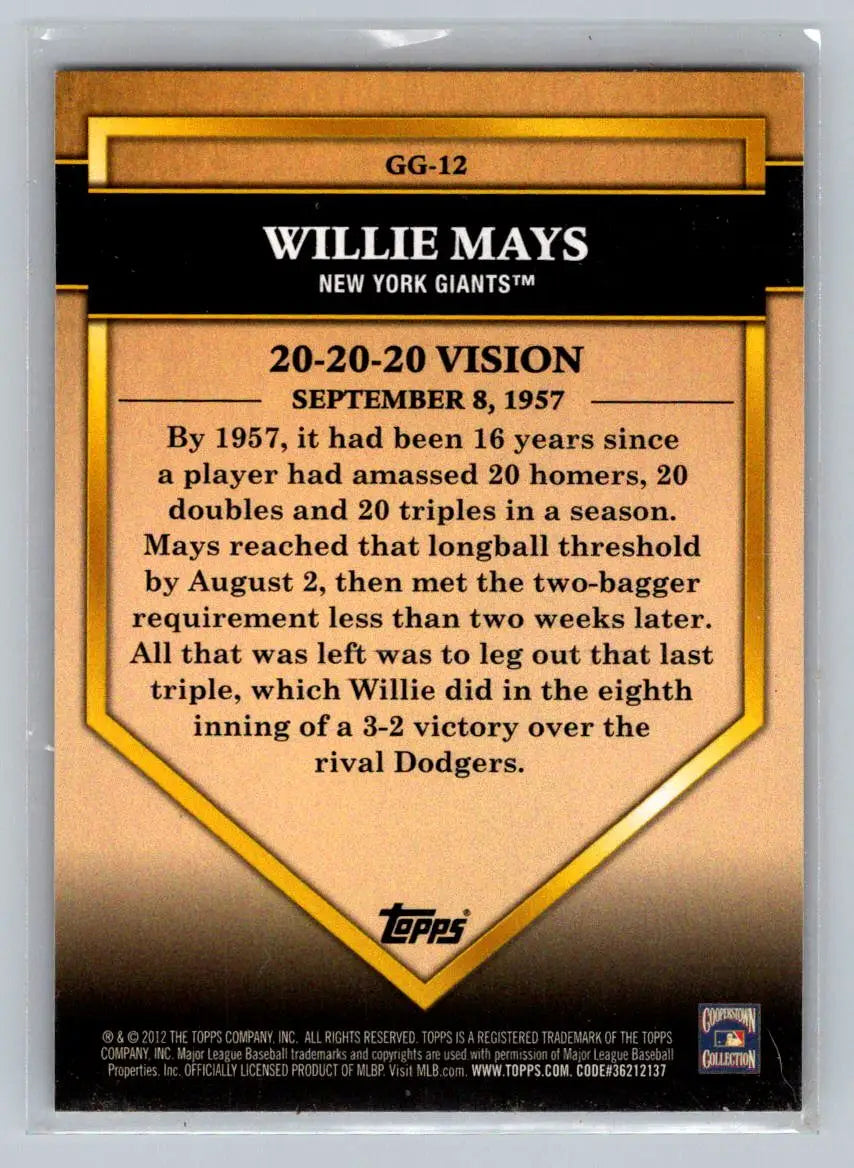 Willie Mays Golden Greats baseball card from 2012 Topps #GG-12 New York Giants