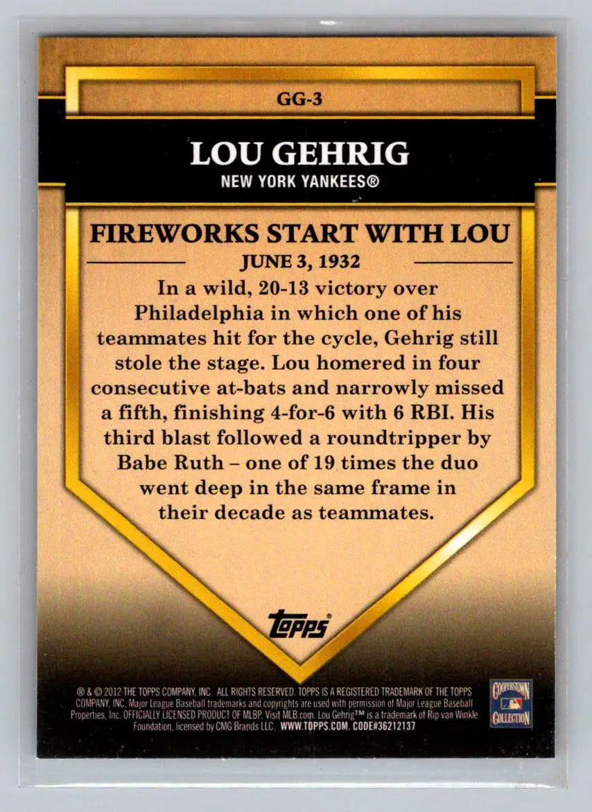 Lou Gehrig baseball card from 2012 Topps Golden Greats New York Yankees collection
