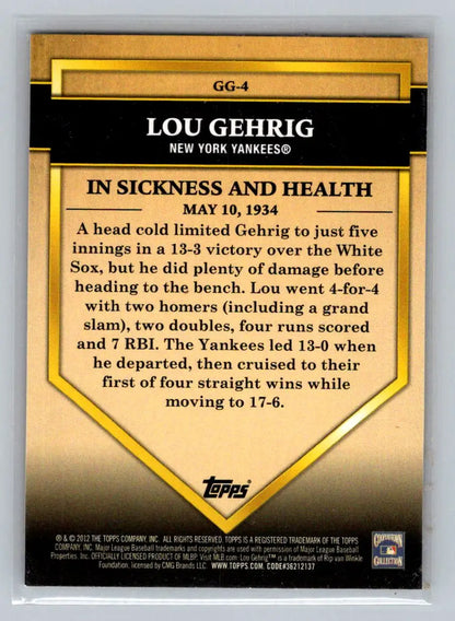 Lou Gehrig baseball card 2012 Topps Golden Greats New York Yankees collectible item