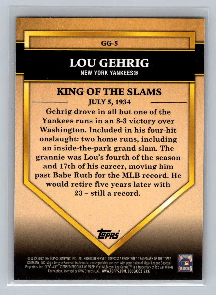 Lou Gehrig Golden Greats baseball card from 2012 Topps #GG-5 New York Yankees