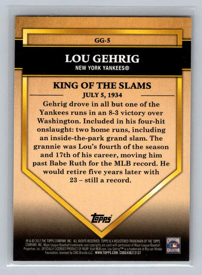 Lou Gehrig Golden Greats baseball card from 2012 Topps #GG-5 New York Yankees