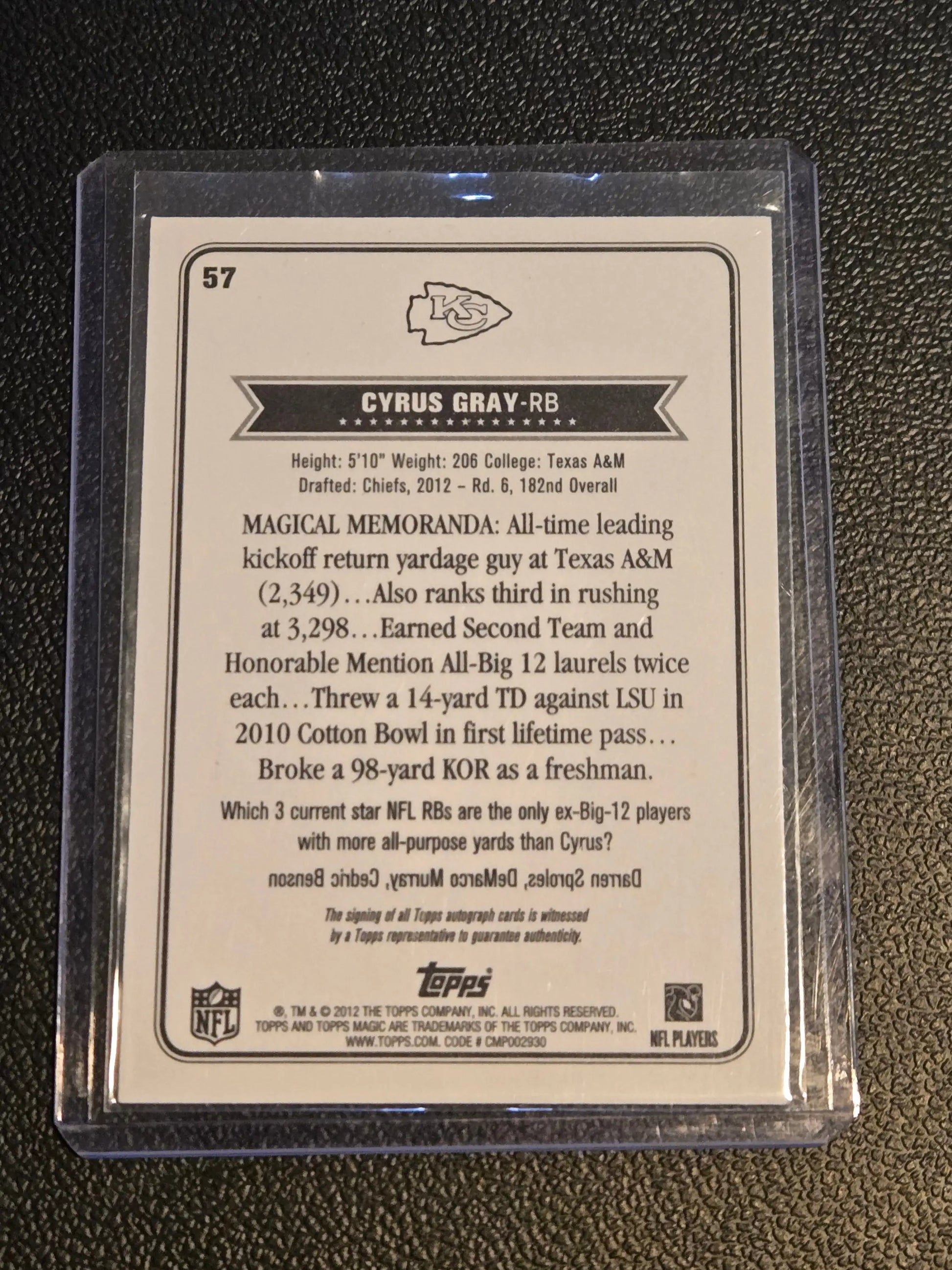 Cyrus Gray football card featuring Cyrus Gray autographs from 2012 Topps Magic
