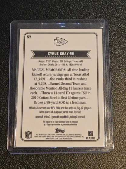 Cyrus Gray football card featuring Cyrus Gray autographs from 2012 Topps Magic
