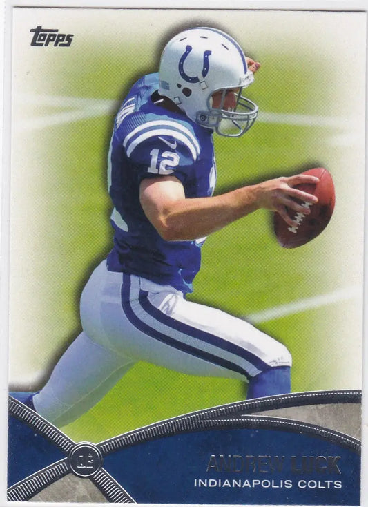 Football player in blue and white Andrew Luck Indianapolis Colts uniform preparing to throw