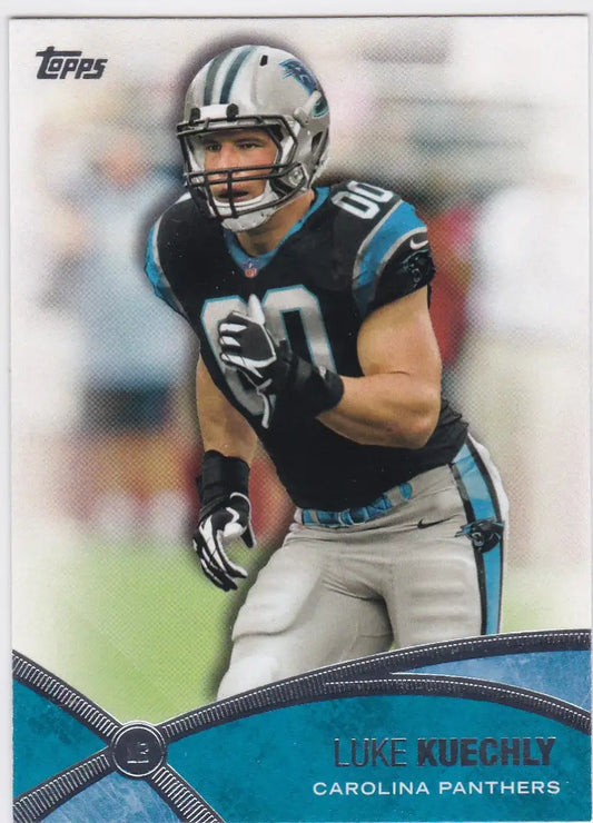Football trading card of Luke Kuechly, #80, Carolina Panthers in black jersey