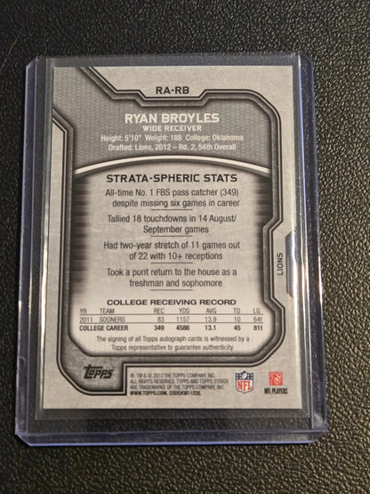 Back of a Ryan Broyles rookie autographs trading card in a protective sleeve