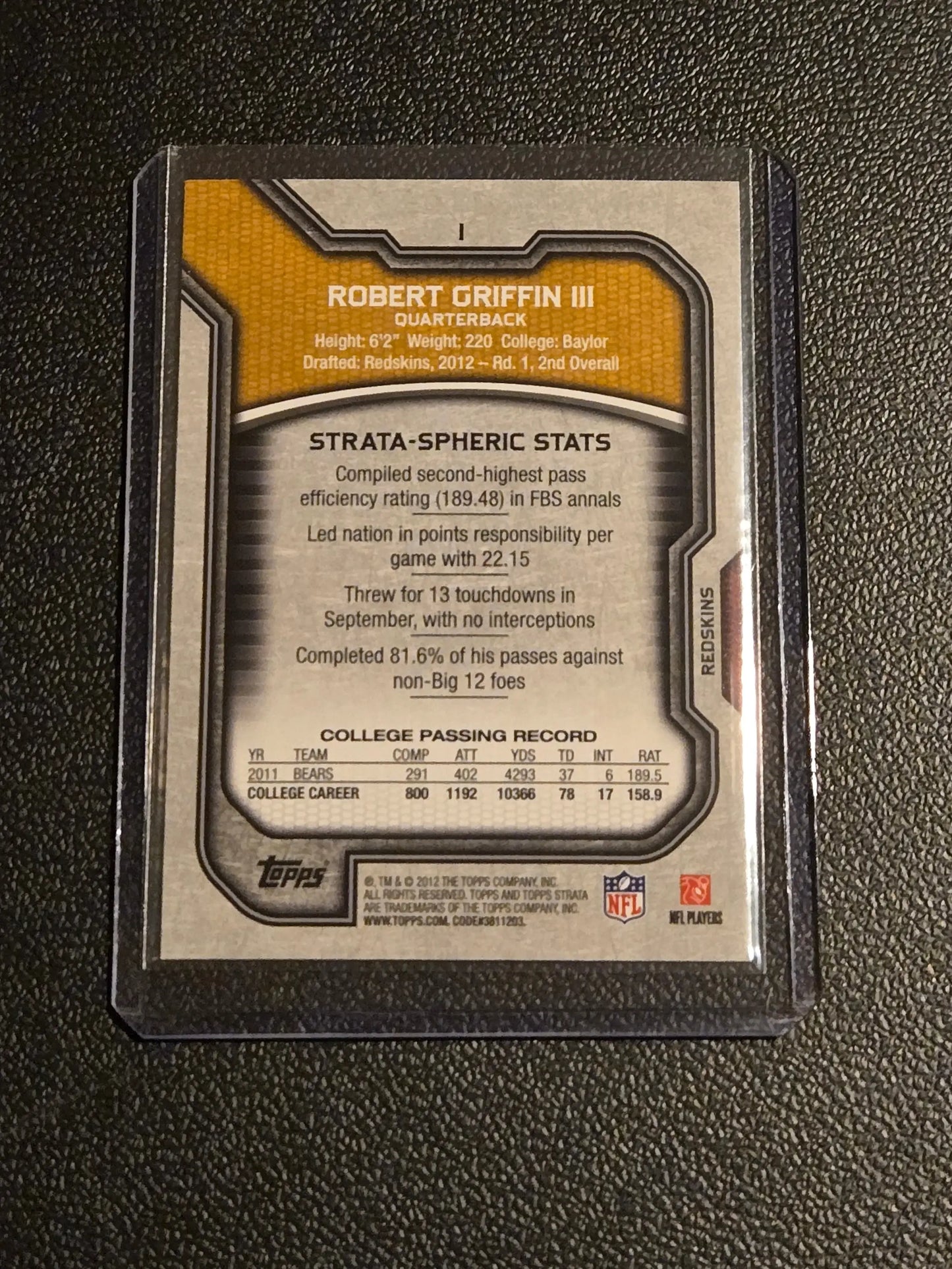 Robert Griffin III 2012 Topps Strata rookie football card in protective sleeve