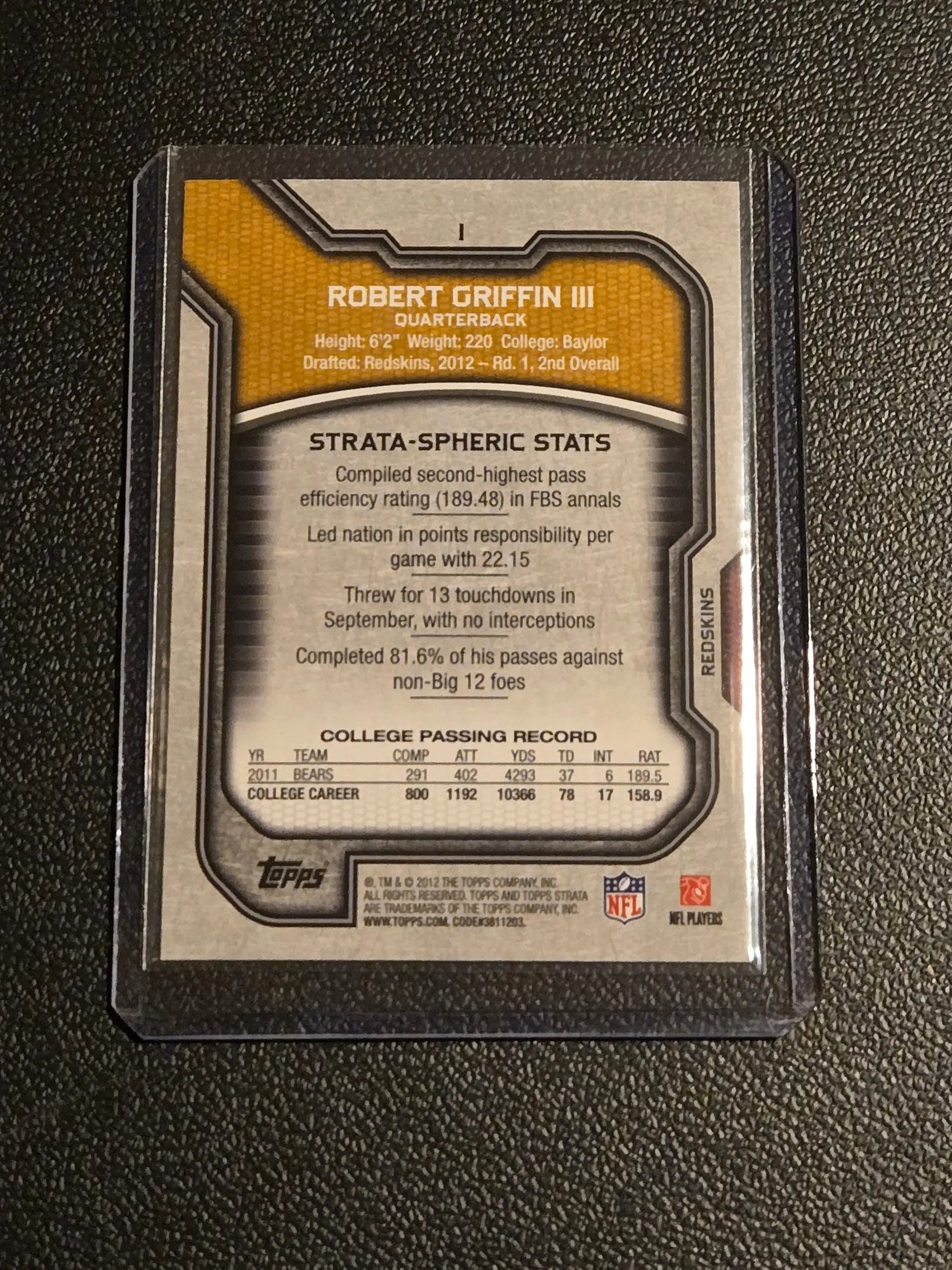 Robert Griffin III 2012 Topps Strata rookie football card in protective sleeve