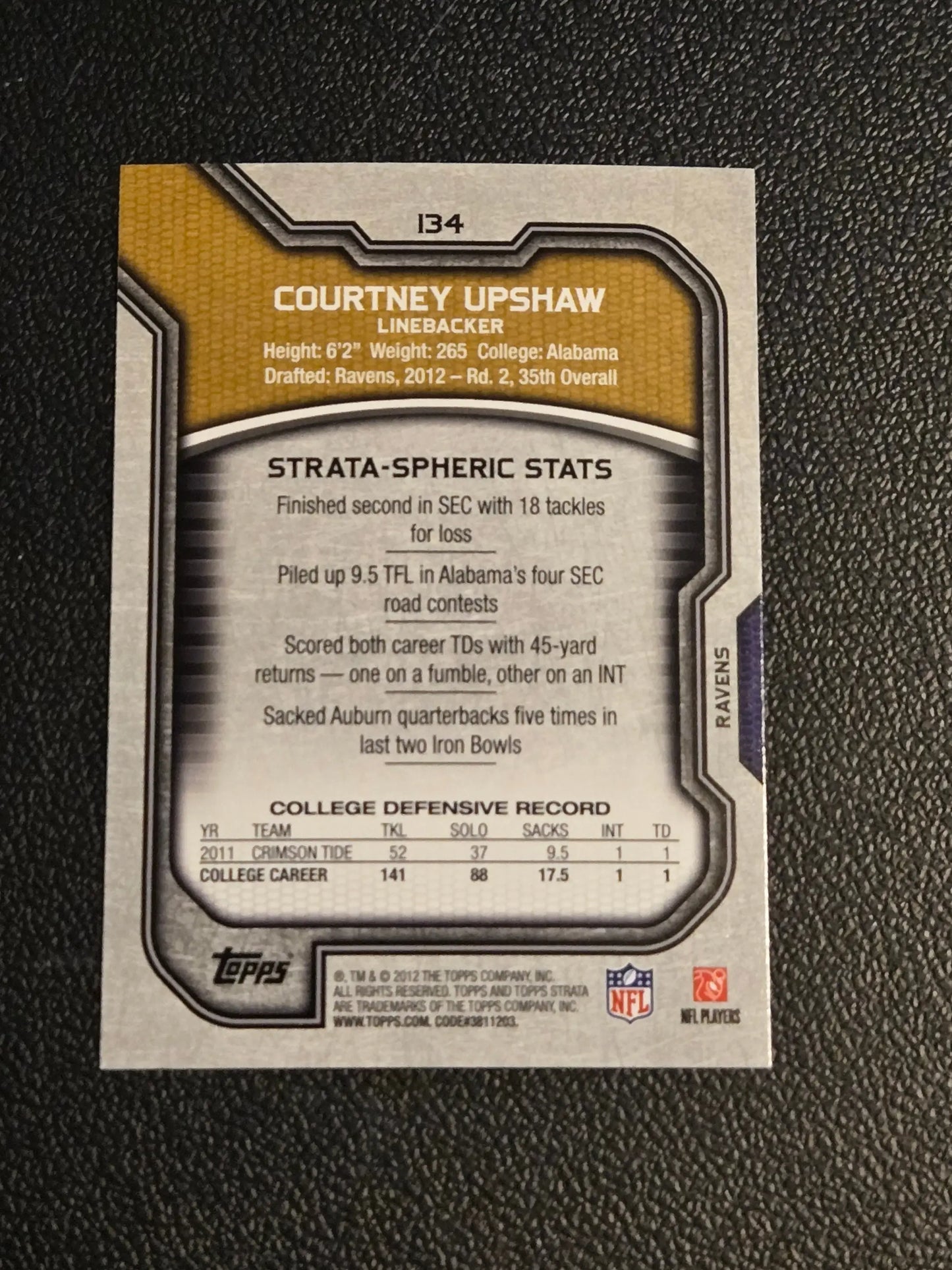 Back of a collectible football trading card featuring Courtney Upshaw from Topps Strata 2012