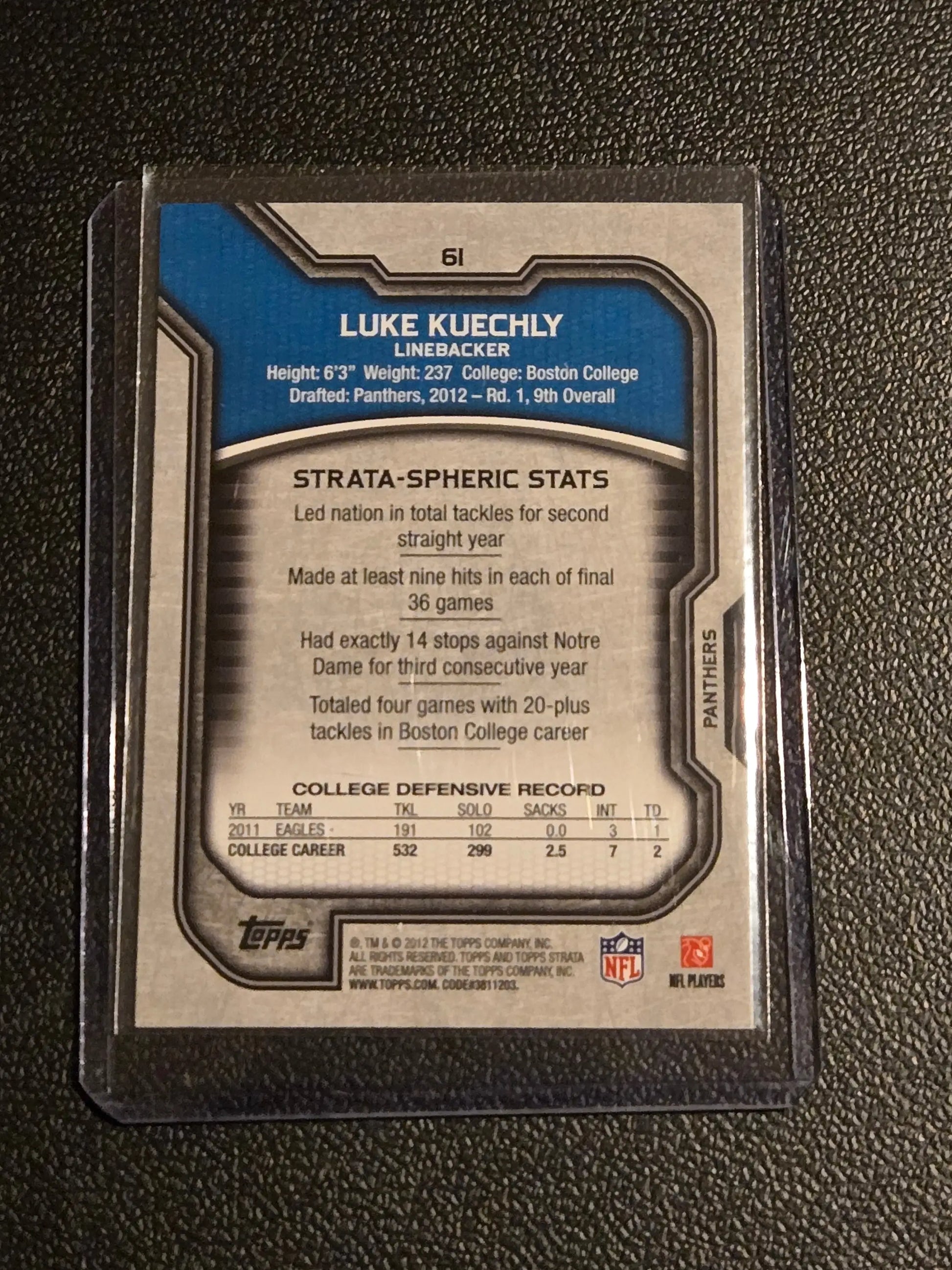 Football trading card of Luke Kuechly from Topps Strata 2012 retail series