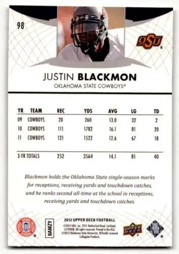 Justin Blackmon Oklahoma State football card 2012 Upper Deck original gloss ID:63573