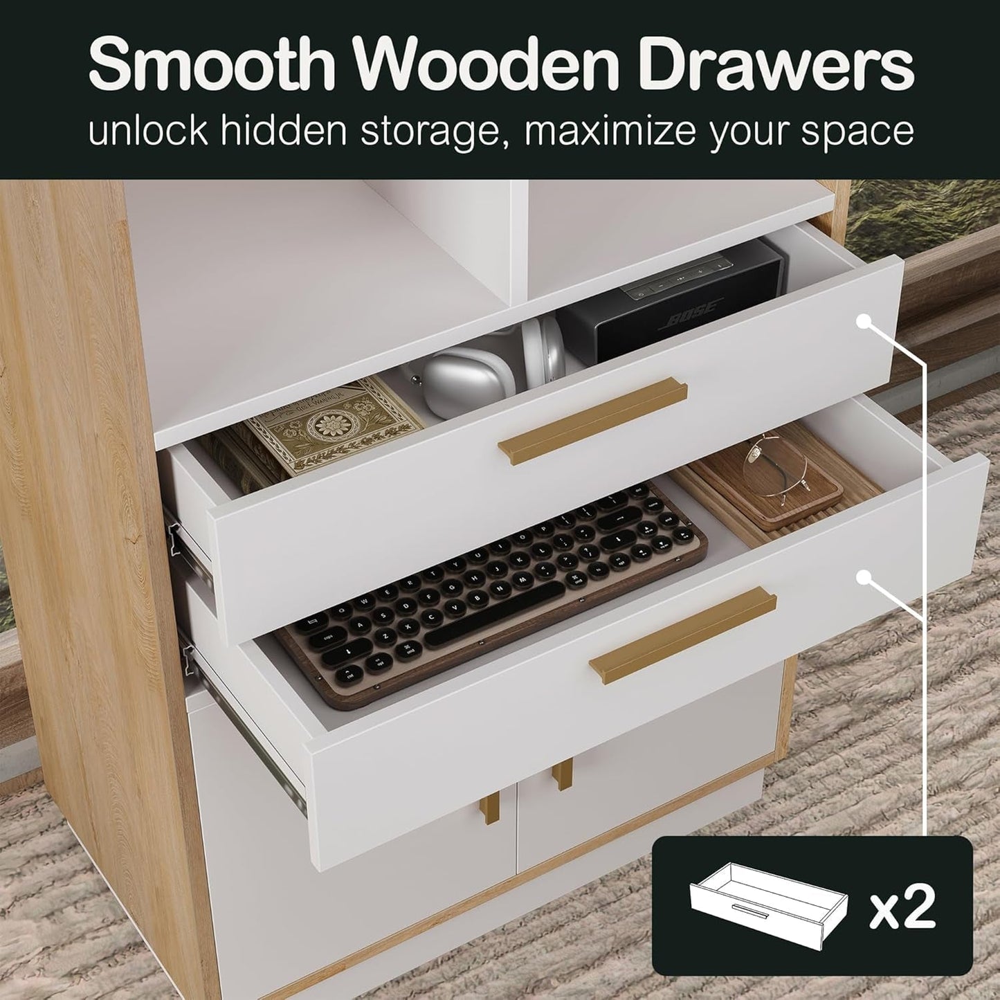 Book Shelf with Storage, Tall Bookshelf with 2 Drawers and Doors, Modern Bookcase with 5 Open Cubes, Wooden Bookshelf for Home and Office, Living Room, Study, Light Walnut-3