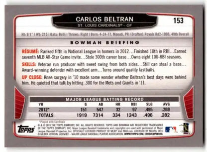 2013 Bowman #153 Carlos Beltran baseball card with original gloss, Cardinals edition