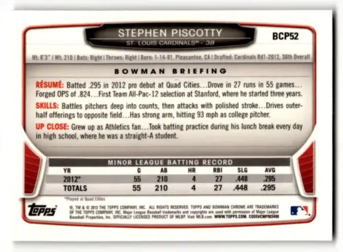 2013 Bowman Chrome Prospects BCP52 Stephen Piscotty baseball card original gloss NM-MT
