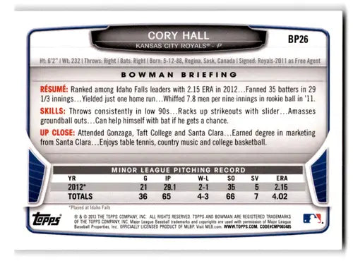 2013 Bowman Prospects #BP26 Cory Hall NM-MT Royals ID:72074 - Trading Cards