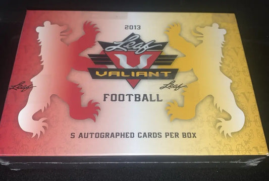 2013 Leaf Valiant Football Card Box showcasing original stock with 5 autograph cards