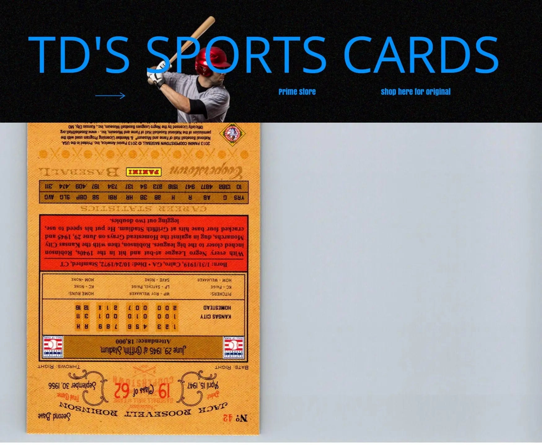 Baseball card featuring Jackie Robinson Green Crystal from 2013 Panini Cooperstown series