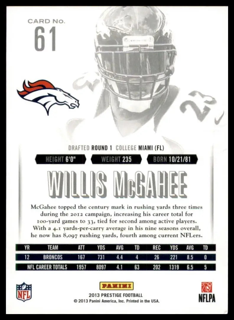2013 Panini Prestige Willis McGahee #61 Denver Broncos Football Card NFL Sports - Football Card
