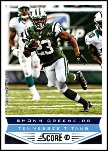 Shonn Greene running with the football in 2013 Panini Score original gloss card