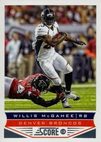 Football trading card of Willis McGahee leaping, Panini Score original gloss quality