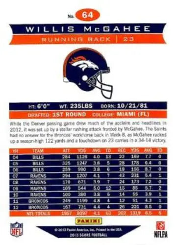 NFL trading card of Willis McGahee featuring original gloss and team helmet from Panini Score