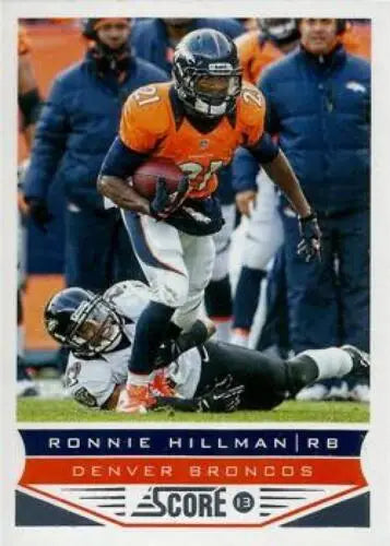 Football trading card of Ronnie Hillman breaking a tackle, original gloss Panini Score