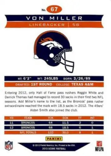 Original gloss 2013 Panini Score #67 Von Miller football card for Broncos fans