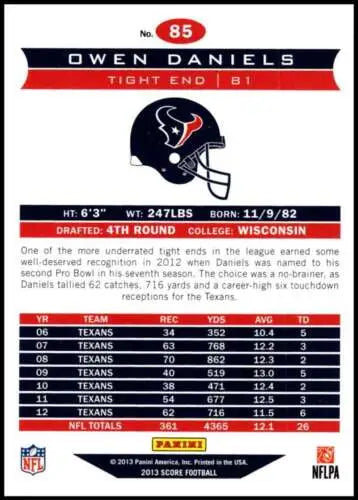 Owen Daniels football card from 2013 Panini Score featuring original gloss finish