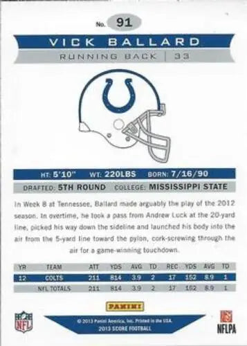 Vick Ballard football card from 2013 Panini Score with original gloss NM-MT Colts
