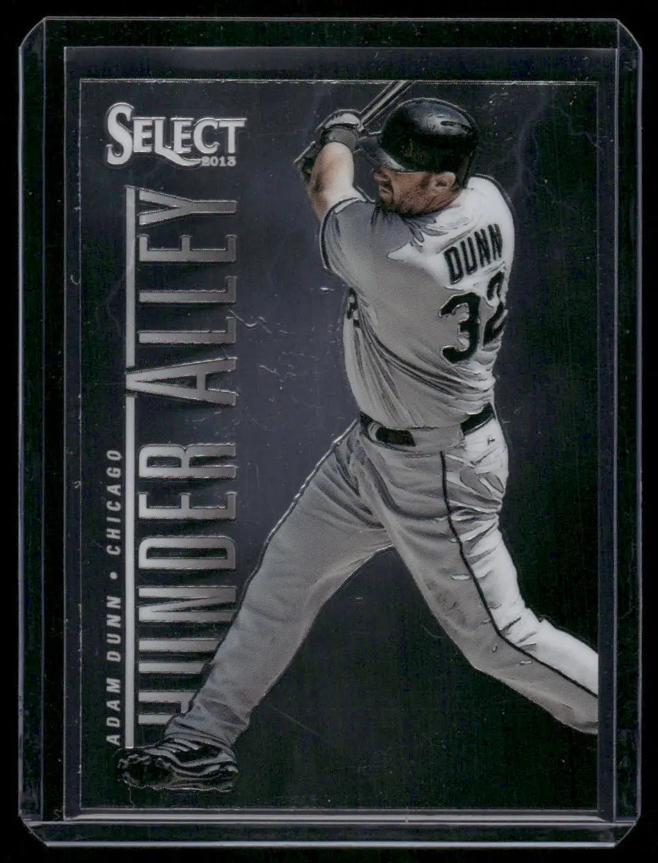 Baseball trading card of Adam Dunn in batting pose from 2013 Panini Select Thunder Alley
