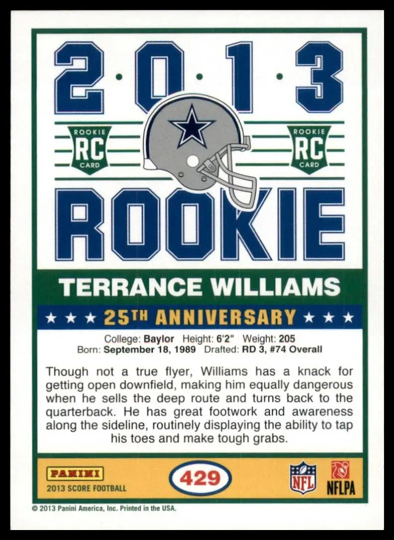 2013 Score Green Rookie Terrance Williams #429 Dallas Cowboys Football Card NFL - Football Card
