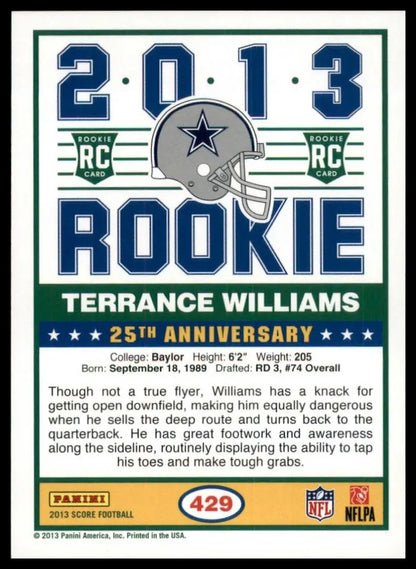 2013 Score Green Rookie Terrance Williams #429 Dallas Cowboys Football Card NFL - Football Card