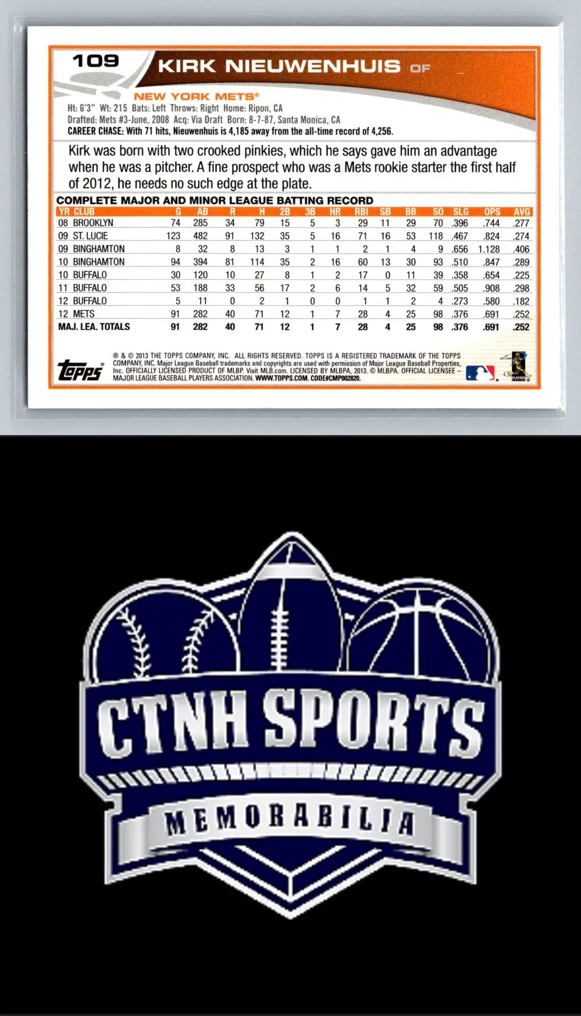 Baseball card back of 2013 Topps #109 Kirk Nieuwenhuis Emerald Foil New York Mets