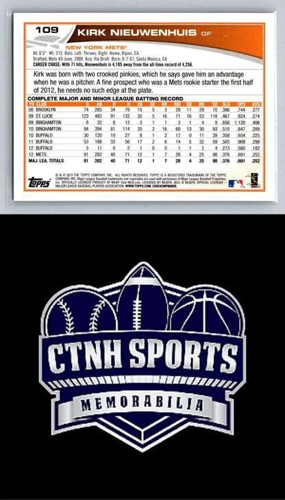 Baseball card back of 2013 Topps #109 Kirk Nieuwenhuis Emerald Foil New York Mets