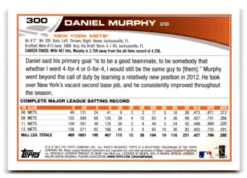 2013 Topps #300 Daniel Murphy baseball card in original gloss, Mets collectible