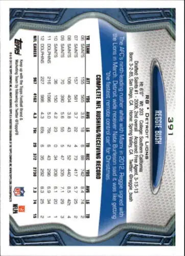 2013 Topps #391 Reggie Bush NM-MT Lions football card with original gloss from Simply Sandoval