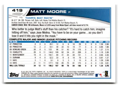 Baseball card back of 2013 Topps #419 Matt Moore with original gloss and Rays details