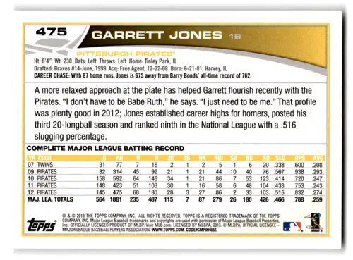 2013 Topps #475 Garrett Jones NM-MT Pirates ID:72218 - Trading Cards