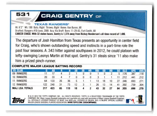 Original gloss Craig Gentry baseball card 2013 Topps NM-MT Rangers ID 71972