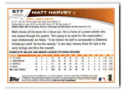 2013 Topps #577 Matt Harvey NM-MT Mets ID:70754 - Trading Cards