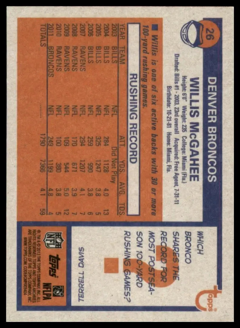 2013 Topps Archives Willis McGahee #26 Denver Broncos Football Card NFL Sports - Football Card