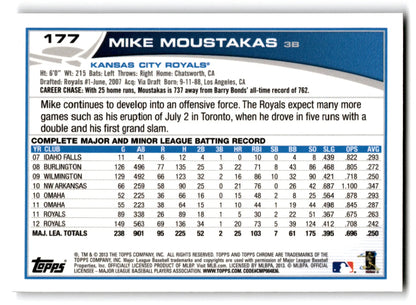 Back of 2013 Topps Baseball Chrome Mike Moustakas trading card with career stats